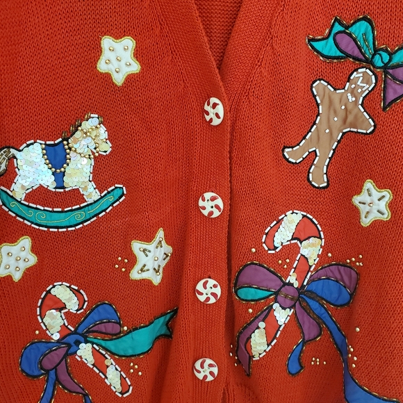 Vintage Lizi Ruch Beaded Embroidered Christmas Holiday Sweater Cardigan Size L - Picture 3 of 6